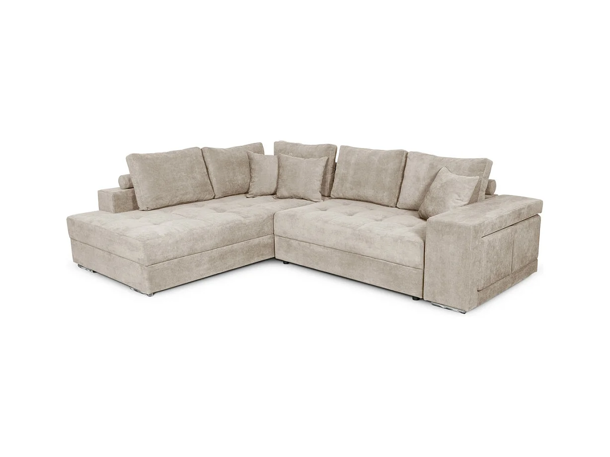 Canapé d'angle gauche Tamia convertible avec coffre et 2 poufs en tissu - Beige - L288 x P224 x H87cm - Loungitude