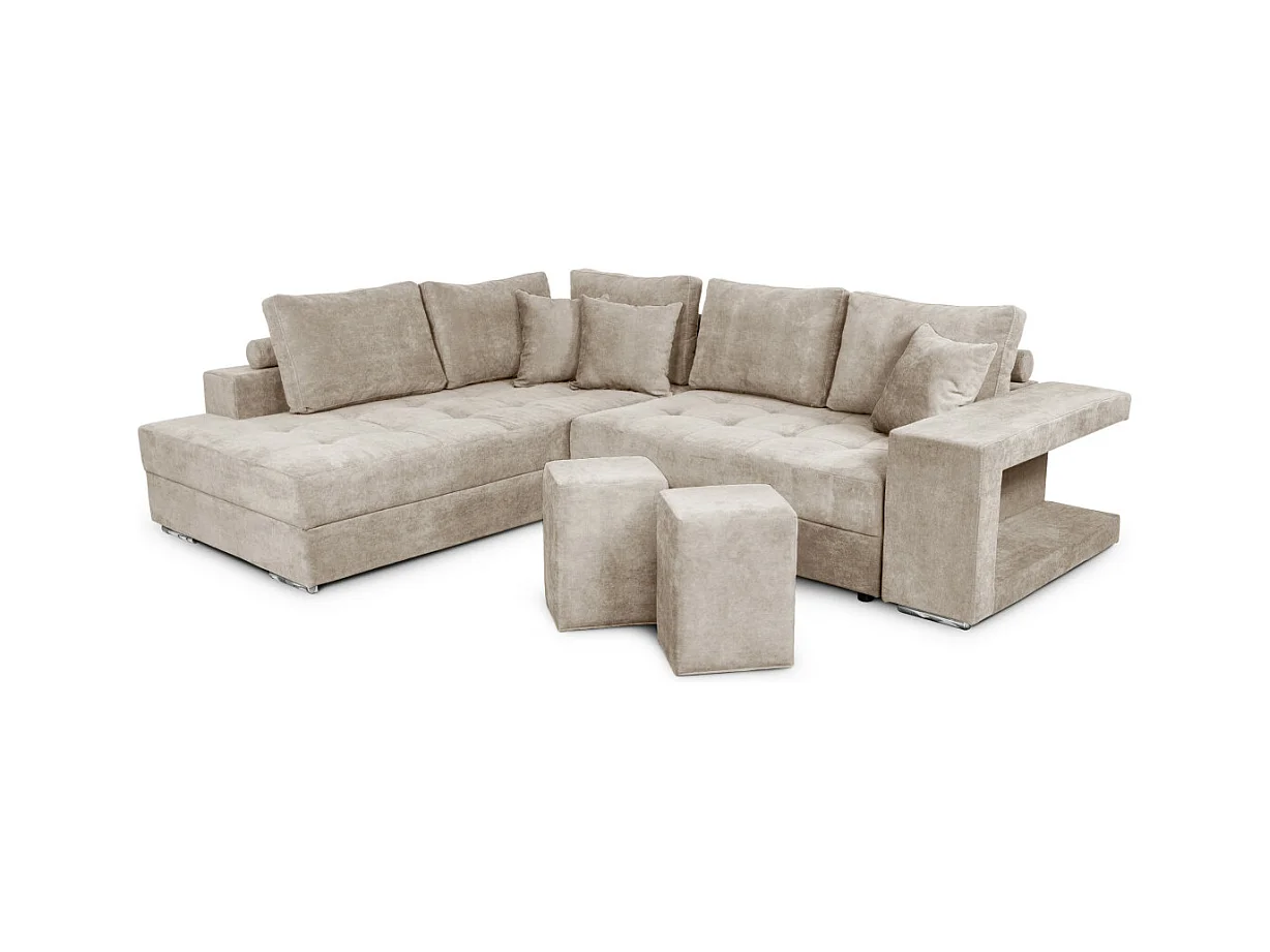 Canapé d'angle gauche Tamia convertible avec coffre et 2 poufs en tissu - Beige - L288 x P224 x H87cm - Loungitude