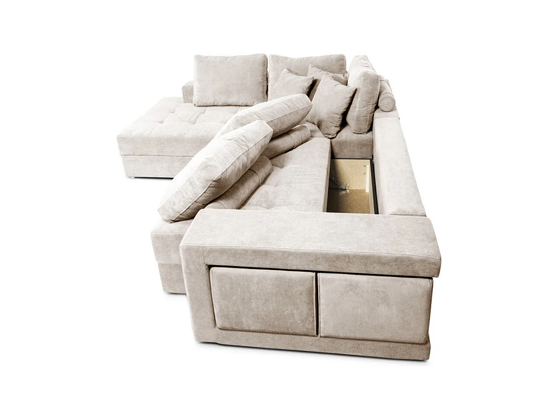 Canapé d'angle gauche Tamia convertible avec coffre et 2 poufs en tissu - Beige - L288 x P224 x H87cm - Loungitude