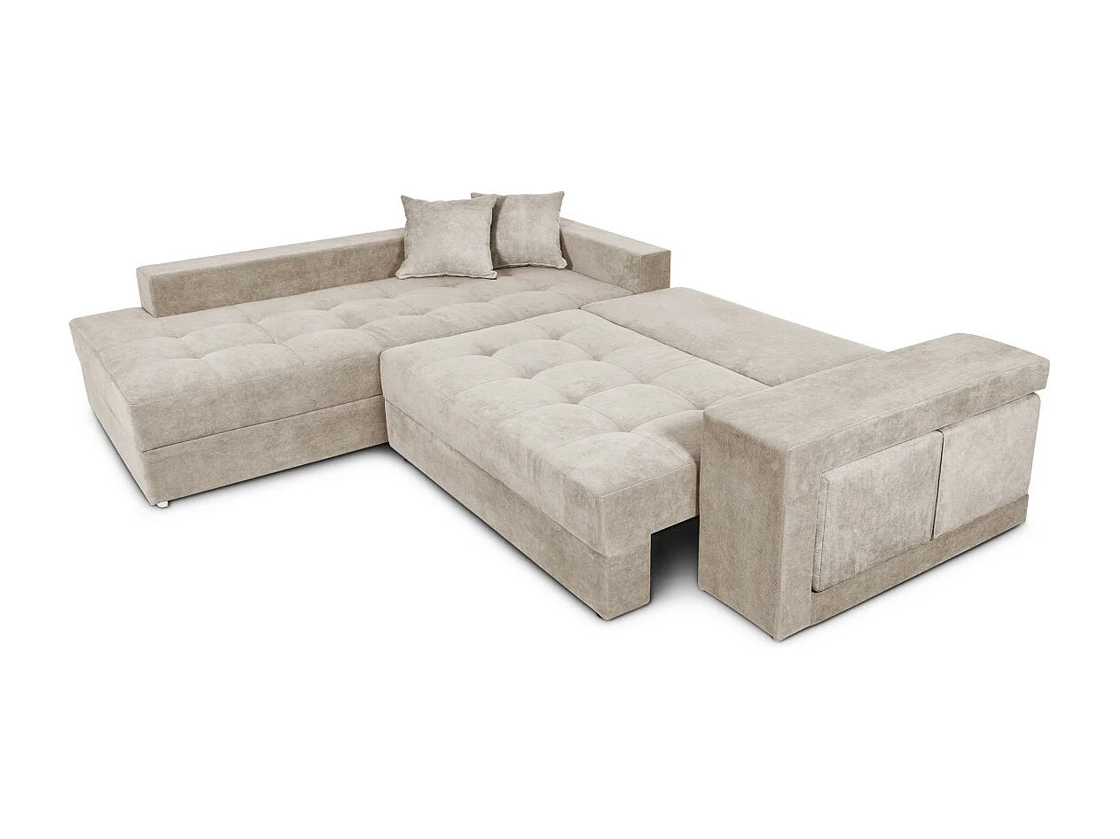Canapé d'angle gauche Tamia convertible avec coffre et 2 poufs en tissu - Beige - L288 x P224 x H87cm - Loungitude