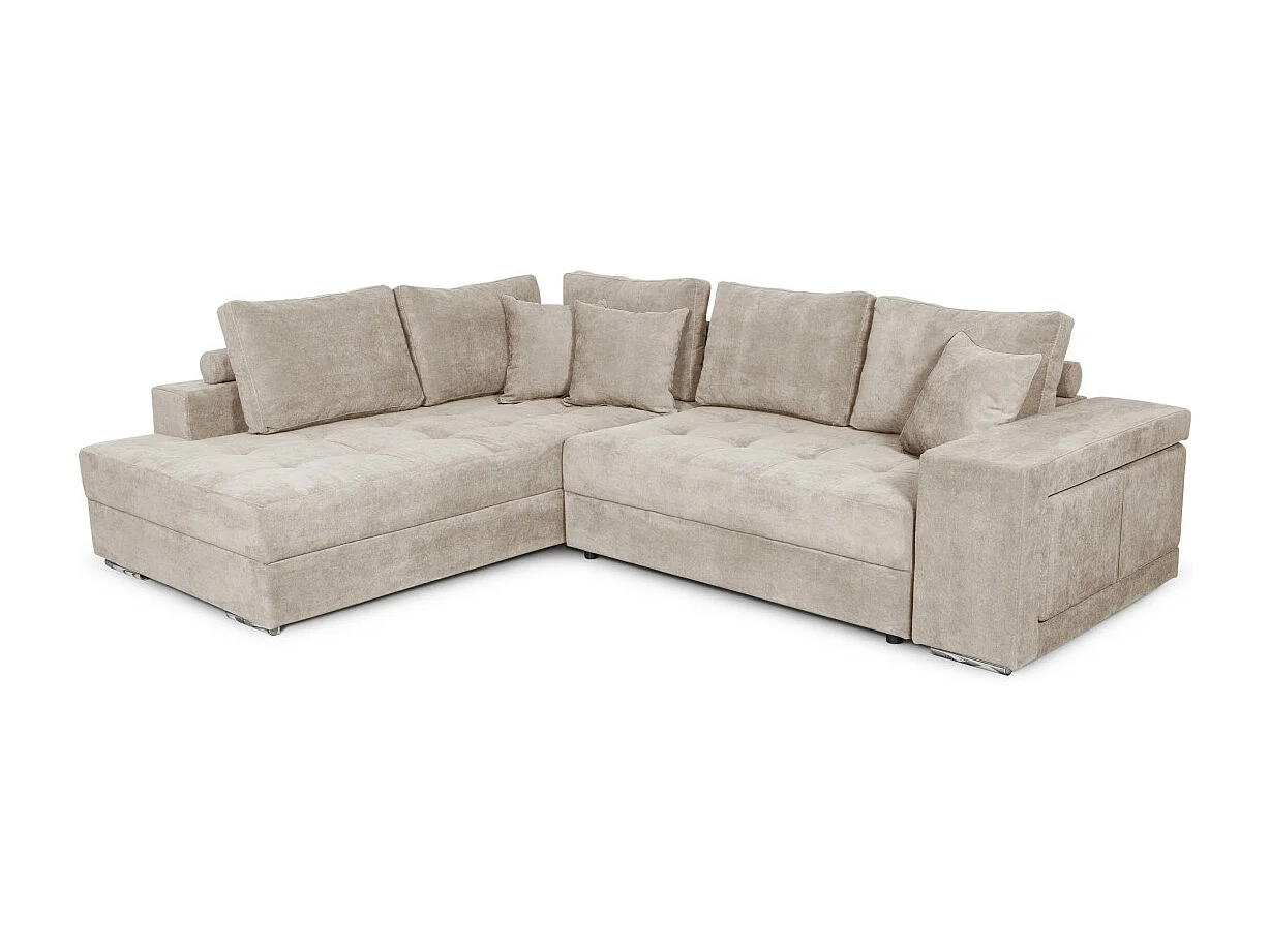 Canapé d'angle gauche Tamia convertible avec coffre et 2 poufs en tissu - Beige - L288 x P224 x H87cm - Loungitude