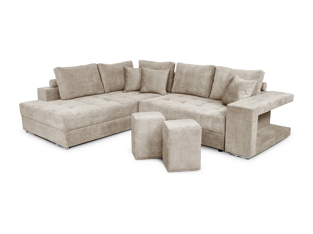 Canapé d'angle gauche Tamia convertible avec coffre et 2 poufs en tissu - Beige - L288 x P224 x H87cm - Loungitude