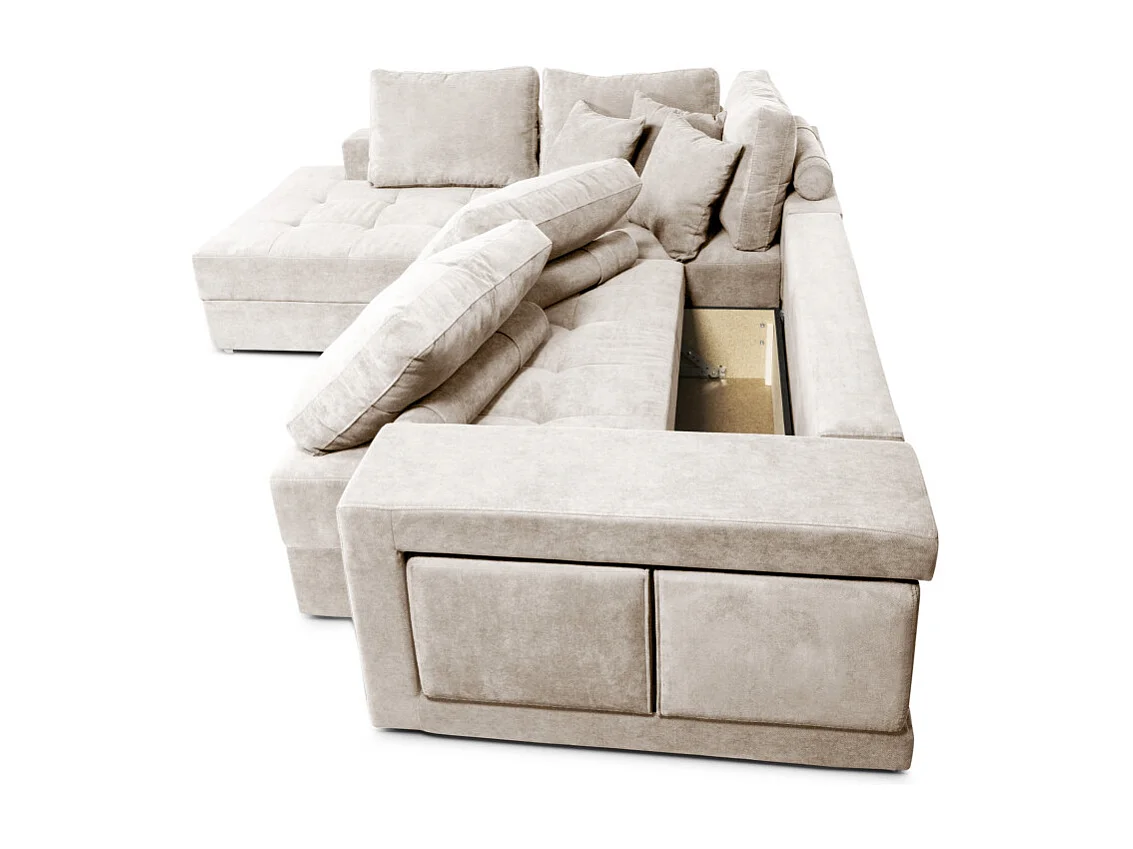 Canapé d'angle gauche Tamia convertible avec coffre et 2 poufs en tissu - Beige - L288 x P224 x H87cm - Loungitude
