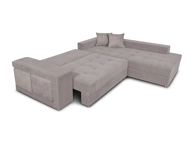 Canapé d'angle droit Tamia convertible avec coffre et 2 poufs en tissu - Gris clair - L288 x P224 x H87cm - Loungitude