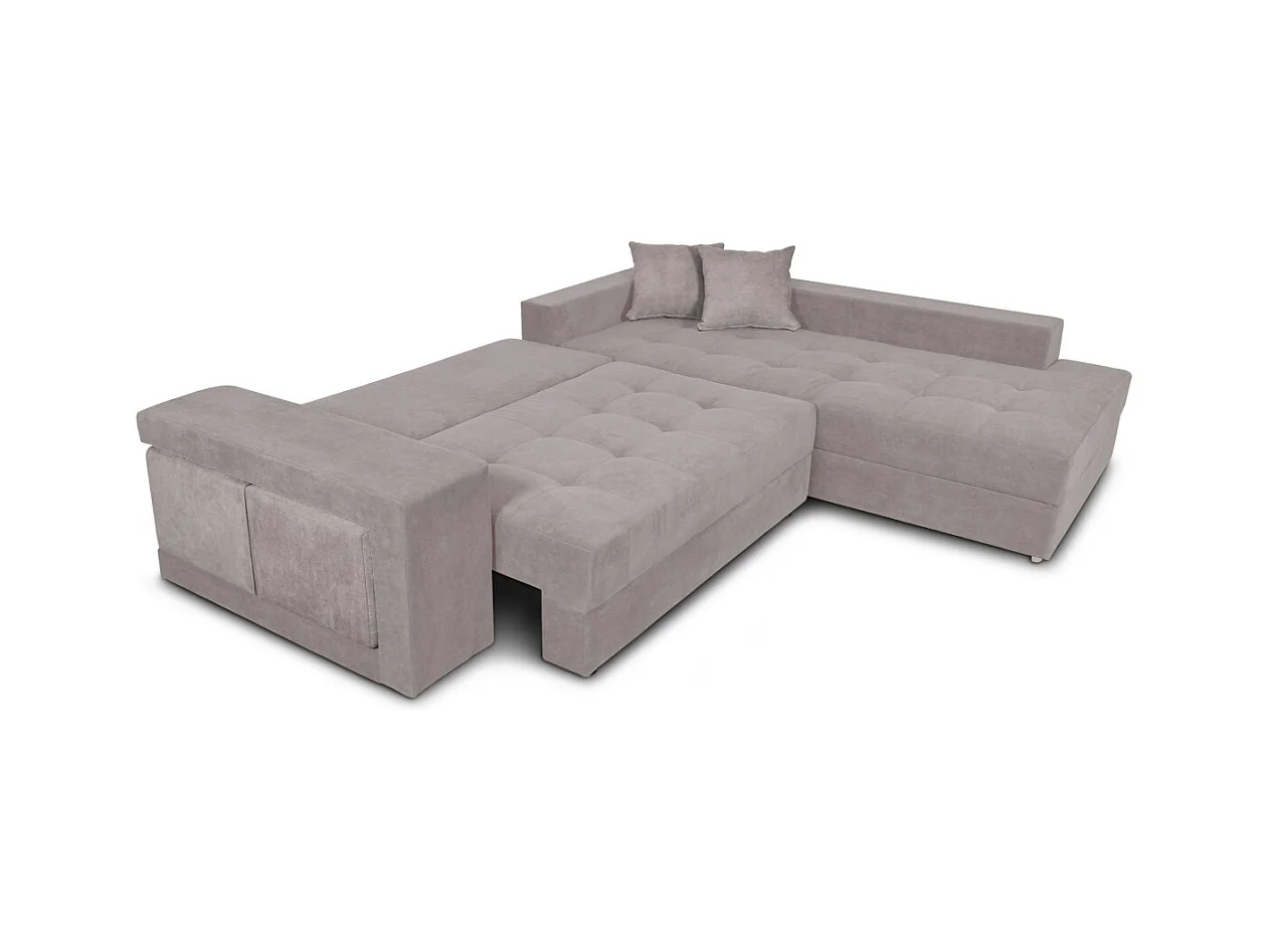 Canapé d'angle droit Tamia convertible avec coffre et 2 poufs en tissu - Gris clair - L288 x P224 x H87cm - Loungitude