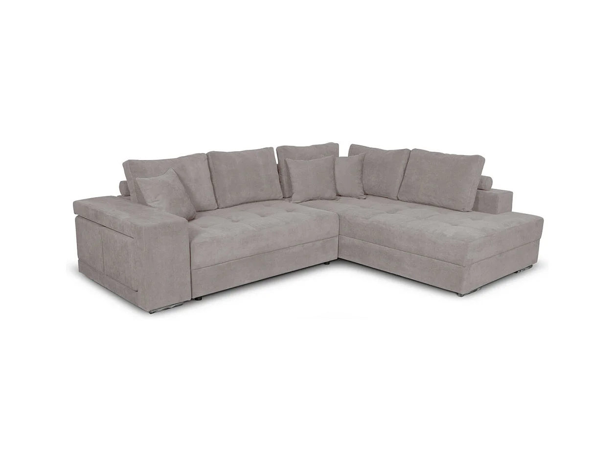 Canapé d'angle droit Tamia convertible avec coffre et 2 poufs en tissu - Gris clair - L288 x P224 x H87cm - Loungitude