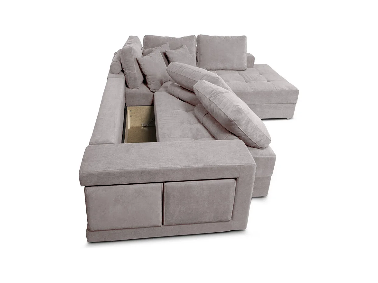 Canapé d'angle droit Tamia convertible avec coffre et 2 poufs en tissu - Gris clair - L288 x P224 x H87cm - Loungitude