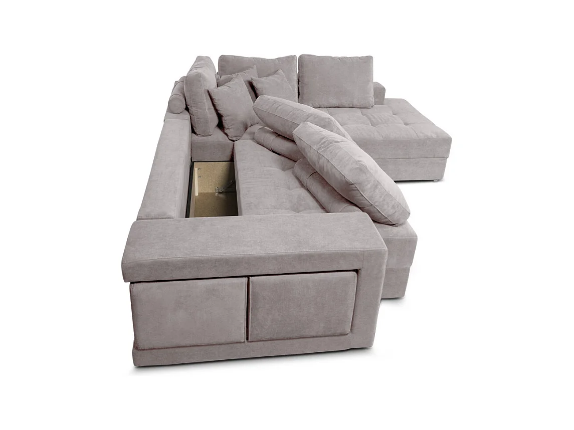 Canapé d'angle droit Tamia convertible avec coffre et 2 poufs en tissu - Gris clair - L288 x P224 x H87cm - Loungitude
