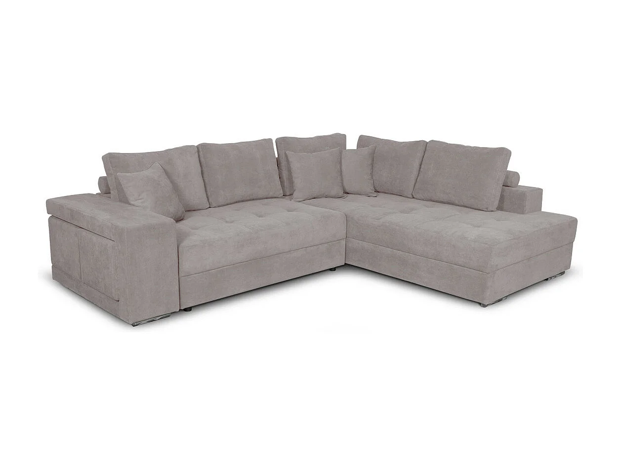 Canapé d'angle droit Tamia convertible avec coffre et 2 poufs en tissu - Gris clair - L288 x P224 x H87cm - Loungitude