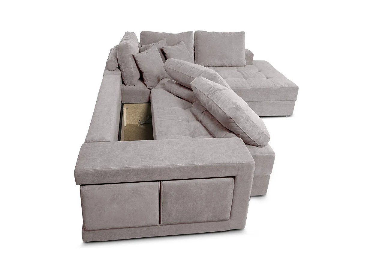 Canapé d'angle droit Tamia convertible avec coffre et 2 poufs en tissu - Gris clair - L288 x P224 x H87cm - Loungitude