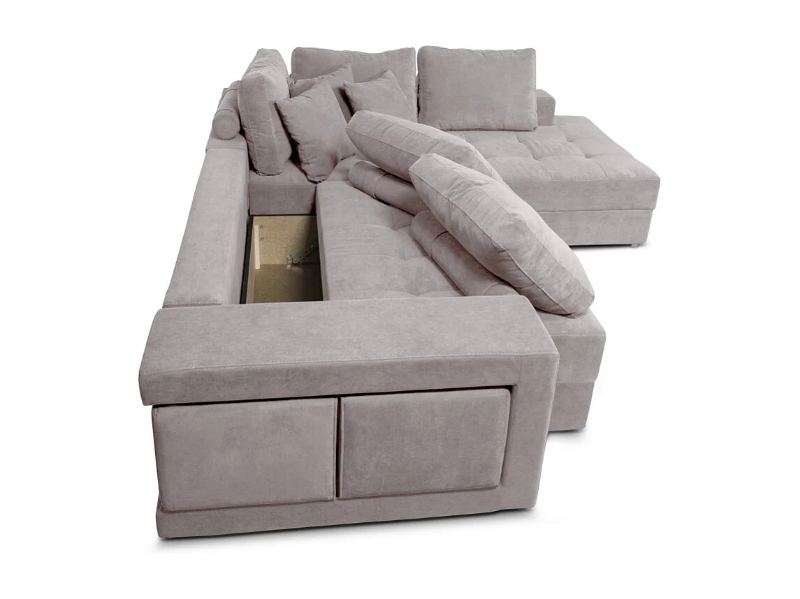 Canapé d'angle droit Tamia convertible avec coffre et 2 poufs en tissu - Gris clair - L288 x P224 x H87cm - Loungitude