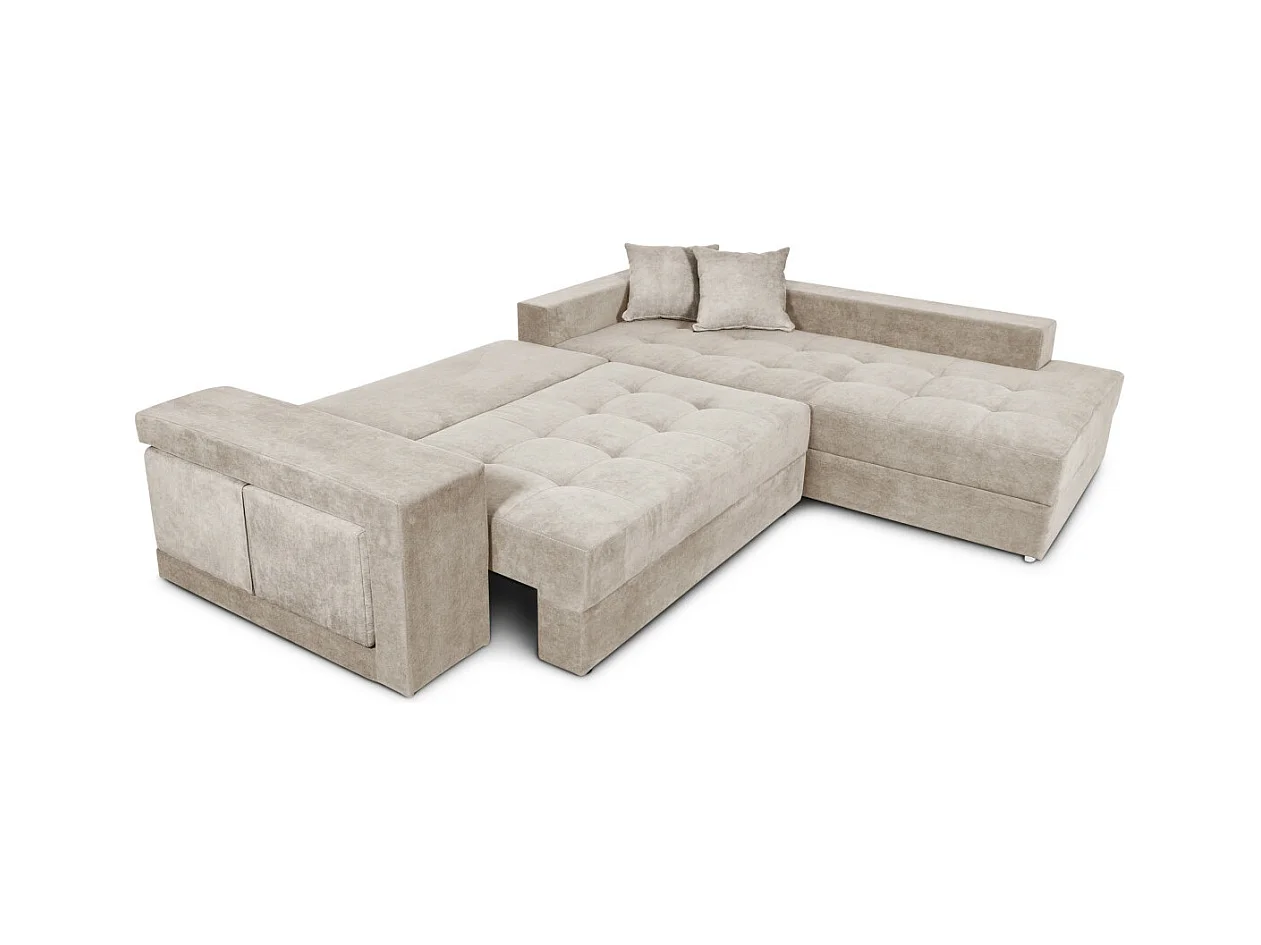 Canapé d'angle droit Tamia convertible avec coffre et 2 poufs en tissu - Beige - L288 x P224 x H87cm - Loungitude