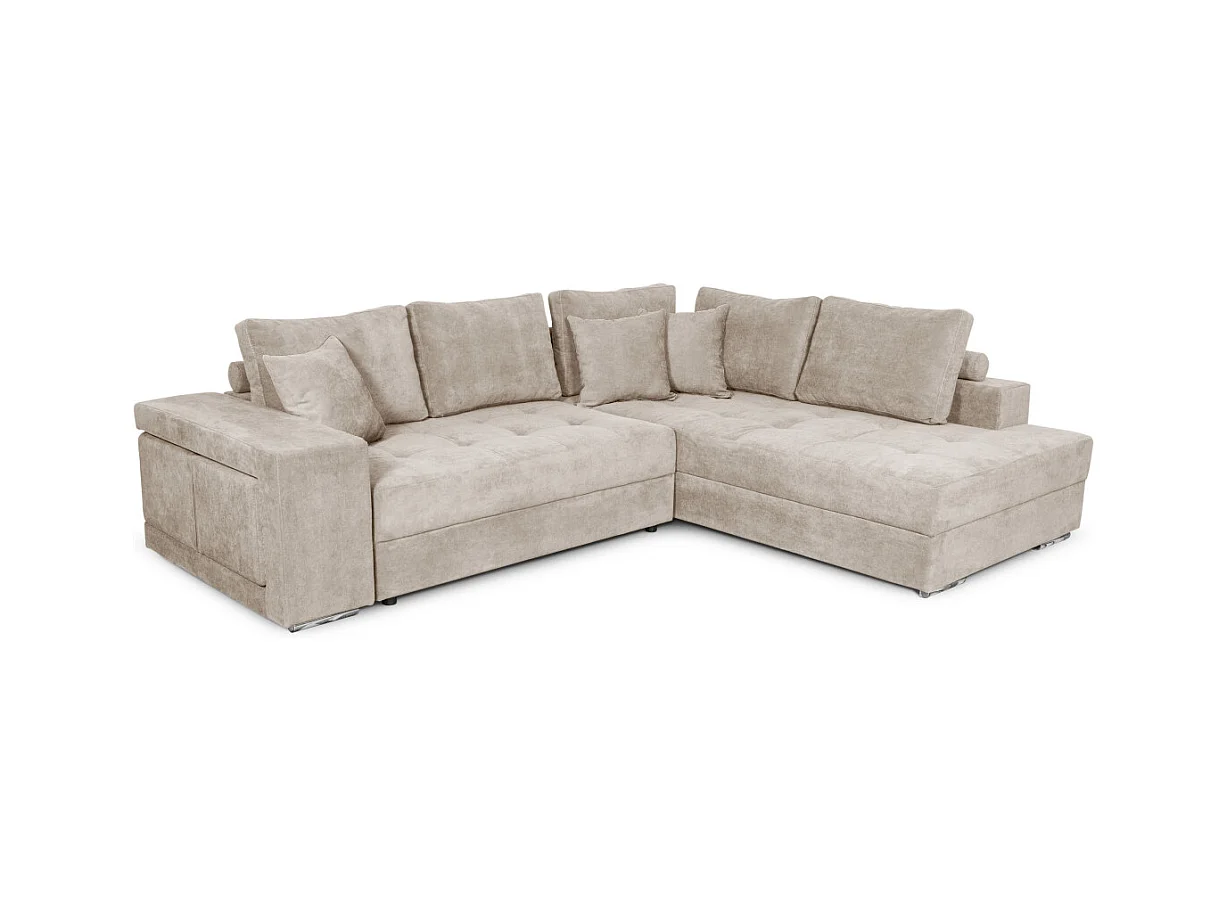Canapé d'angle droit Tamia convertible avec coffre et 2 poufs en tissu - Beige - L288 x P224 x H87cm - Loungitude