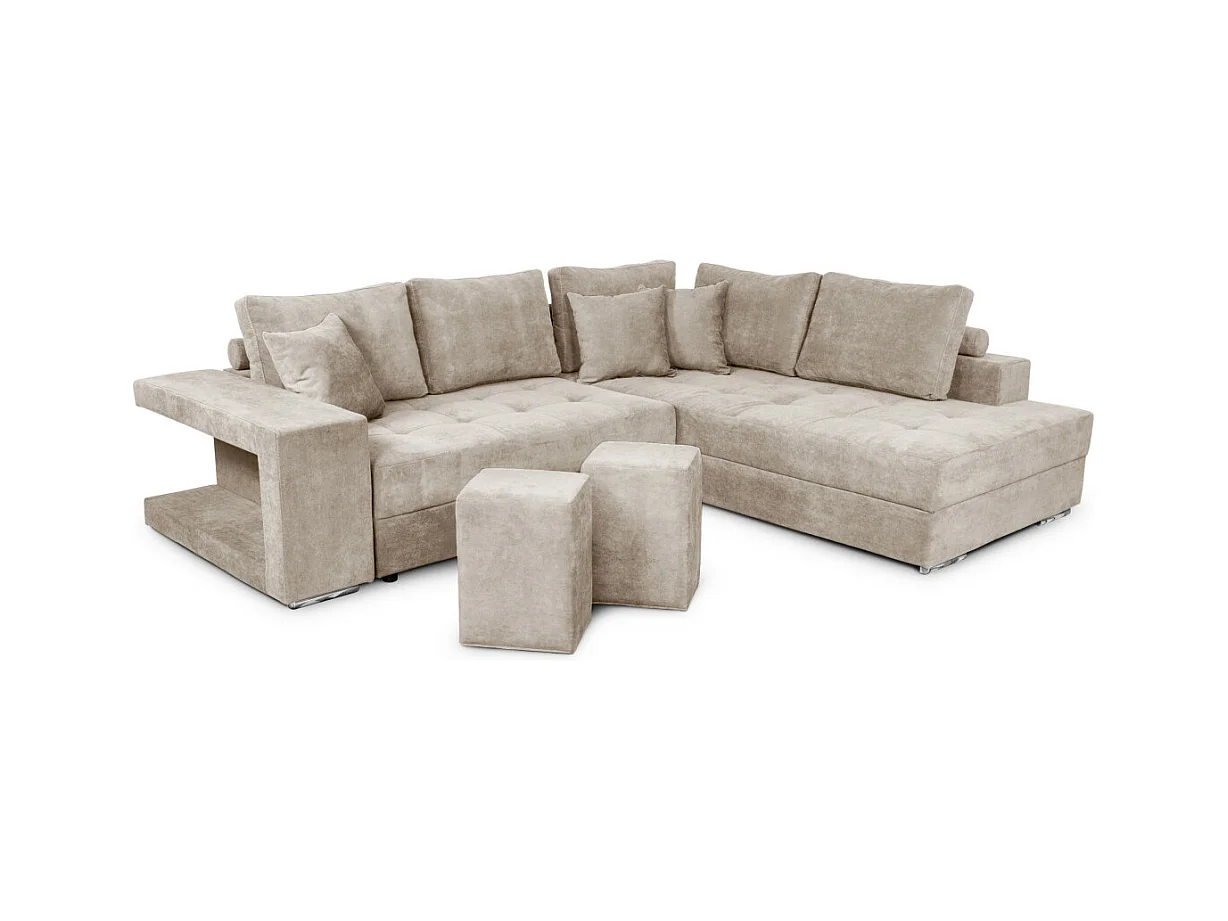 Canapé d'angle droit Tamia convertible avec coffre et 2 poufs en tissu - Beige - L288 x P224 x H87cm - Loungitude