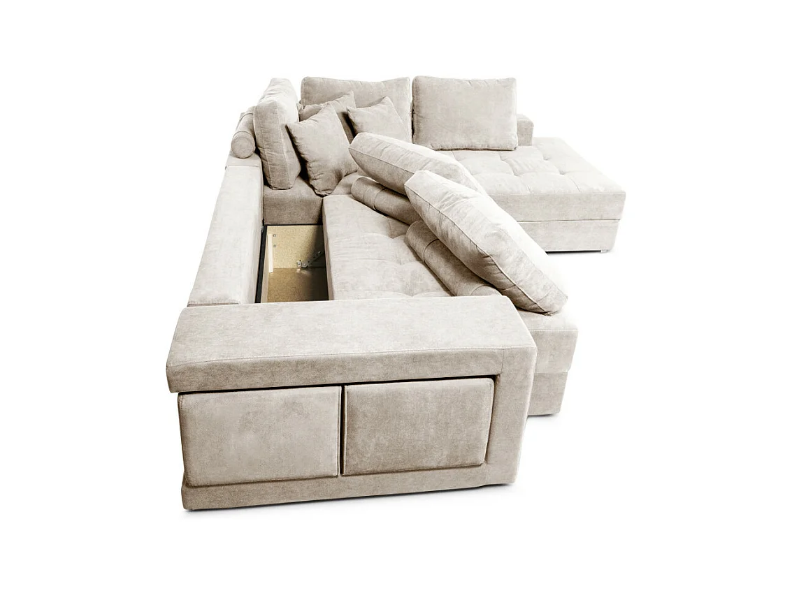 Canapé d'angle droit Tamia convertible avec coffre et 2 poufs en tissu - Beige - L288 x P224 x H87cm - Loungitude