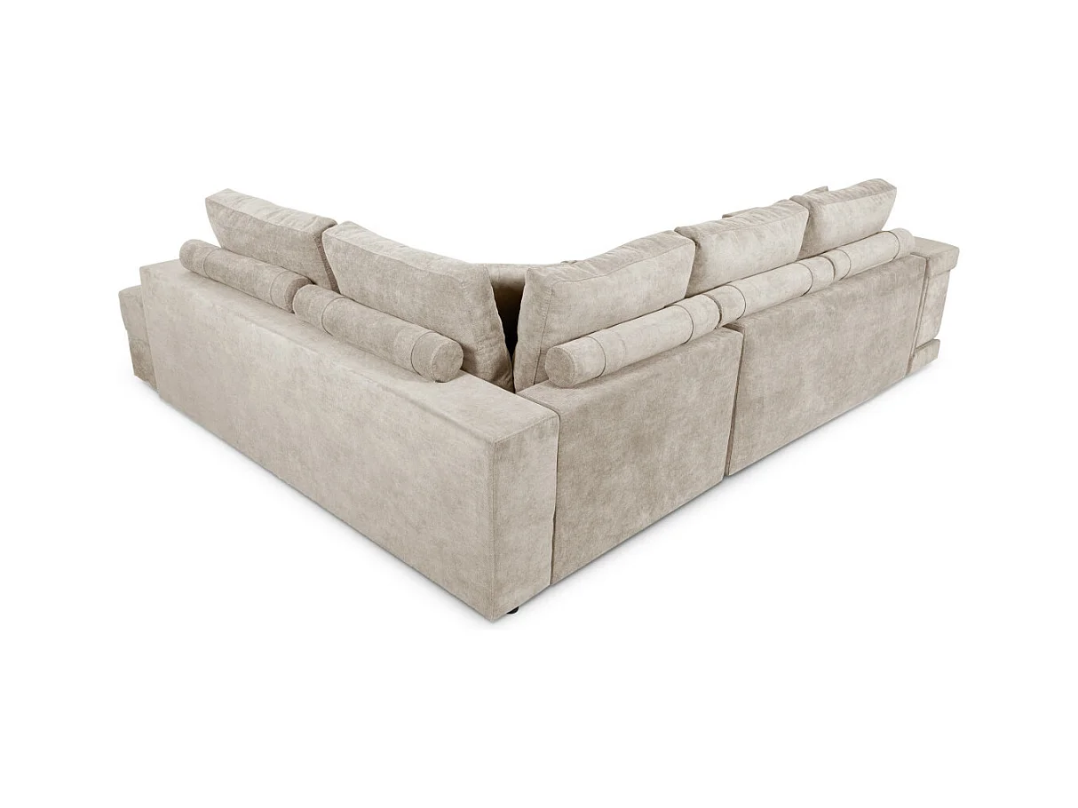 Canapé d'angle droit Tamia convertible avec coffre et 2 poufs en tissu - Beige - L288 x P224 x H87cm - Loungitude