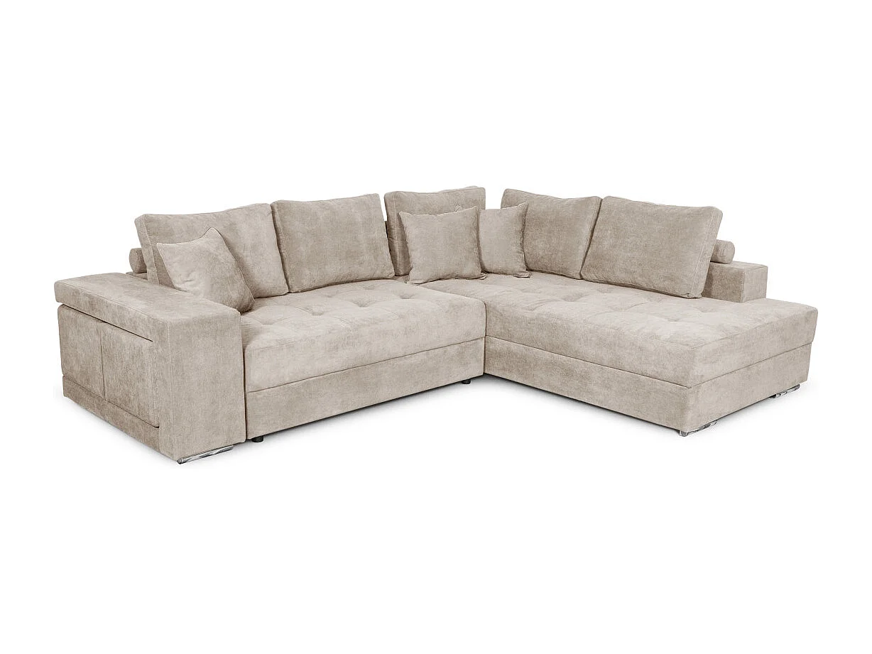 Canapé d'angle droit Tamia convertible avec coffre et 2 poufs en tissu - Beige - L288 x P224 x H87cm - Loungitude
