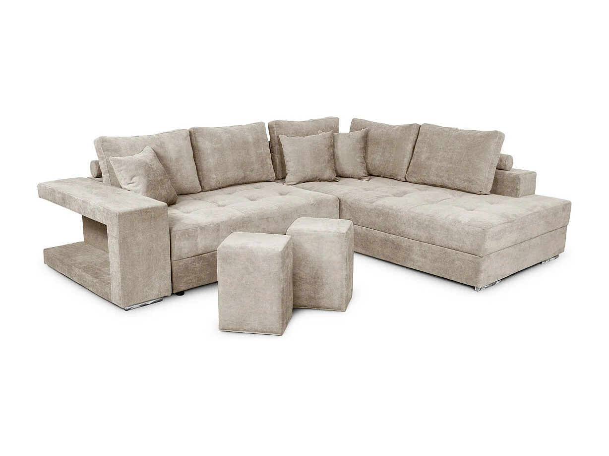 Canapé d'angle droit Tamia convertible avec coffre et 2 poufs en tissu - Beige - L288 x P224 x H87cm - Loungitude