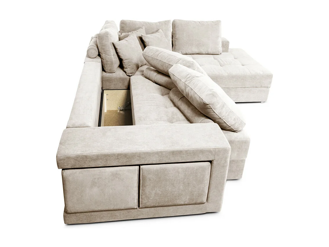 Canapé d'angle droit Tamia convertible avec coffre et 2 poufs en tissu - Beige - L288 x P224 x H87cm - Loungitude