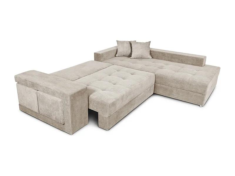Canapé d'angle droit Tamia convertible avec coffre et 2 poufs en tissu - Beige - L288 x P224 x H87cm - Loungitude