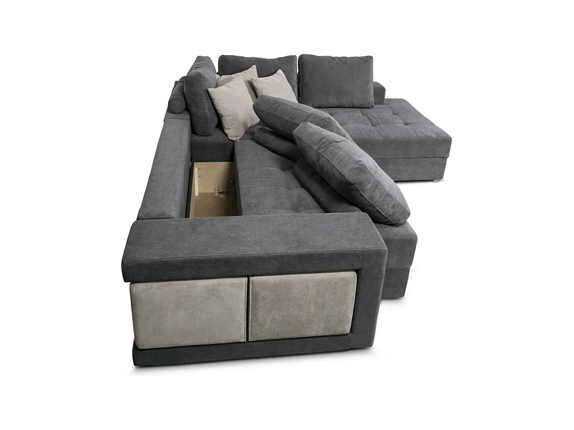Canapé d'angle droit Tamia convertible avec coffre et 2 poufs en tissu - Gris/Gris anthracite - L288 x P224 x H87cm - Loungitude