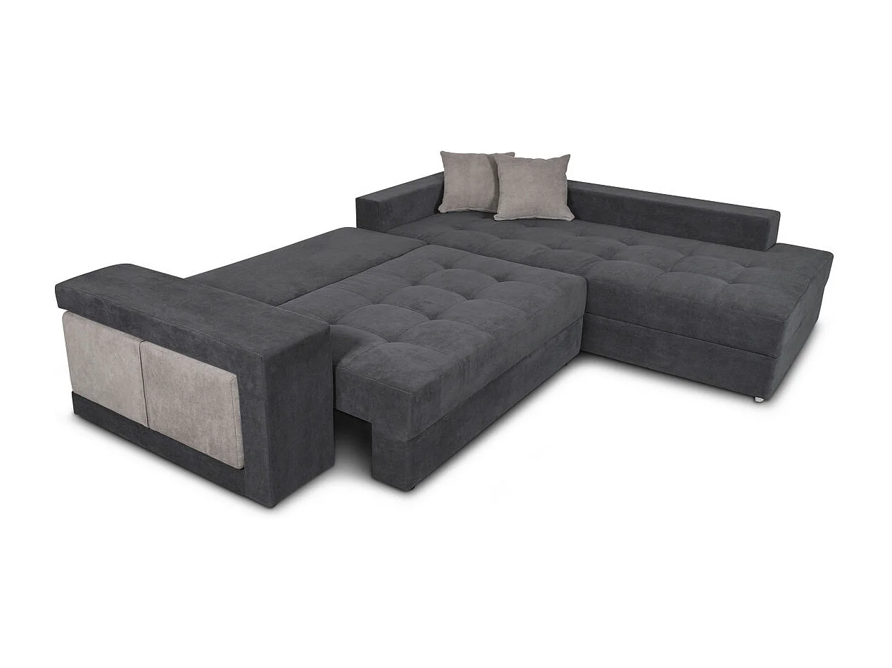 Canapé d'angle droit Tamia convertible avec coffre et 2 poufs en tissu - Gris/Gris anthracite - L288 x P224 x H87cm - Loungitude