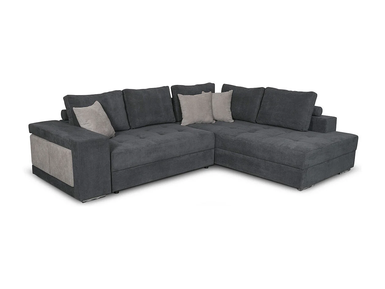 Canapé d'angle droit Tamia convertible avec coffre et 2 poufs en tissu - Gris/Gris anthracite - L288 x P224 x H87cm - Loungitude