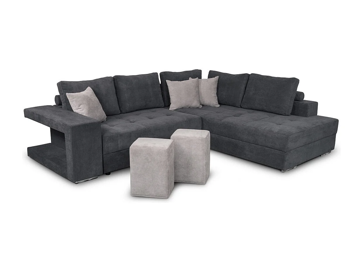 Canapé d'angle droit Tamia convertible avec coffre et 2 poufs en tissu - Gris/Gris anthracite - L288 x P224 x H87cm - Loungitude