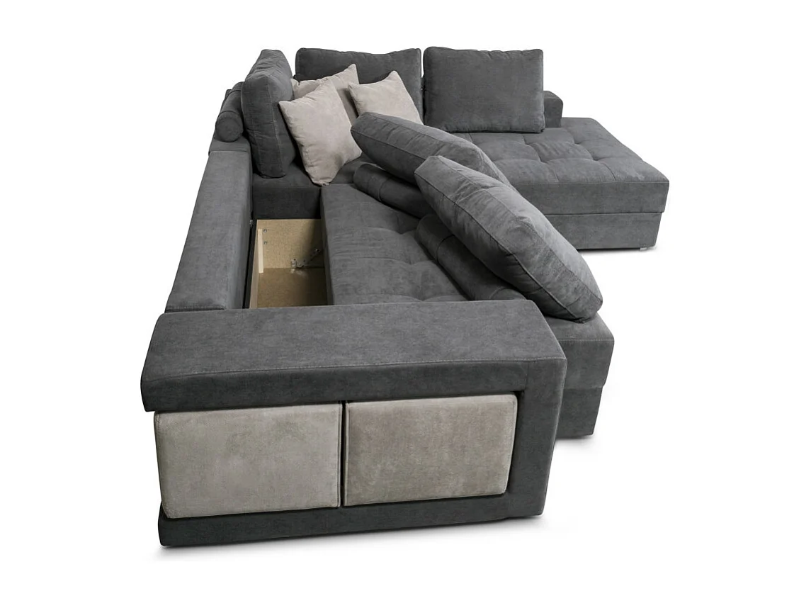 Canapé d'angle droit Tamia convertible avec coffre et 2 poufs en tissu - Gris/Gris anthracite - L288 x P224 x H87cm - Loungitude