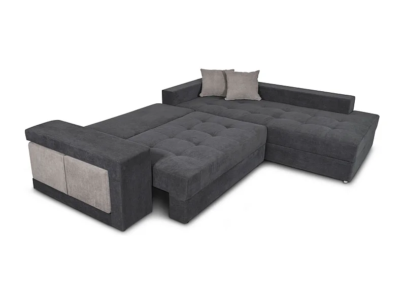 Canapé d'angle droit Tamia convertible avec coffre et 2 poufs en tissu - Gris/Gris anthracite - L288 x P224 x H87cm - Loungitude