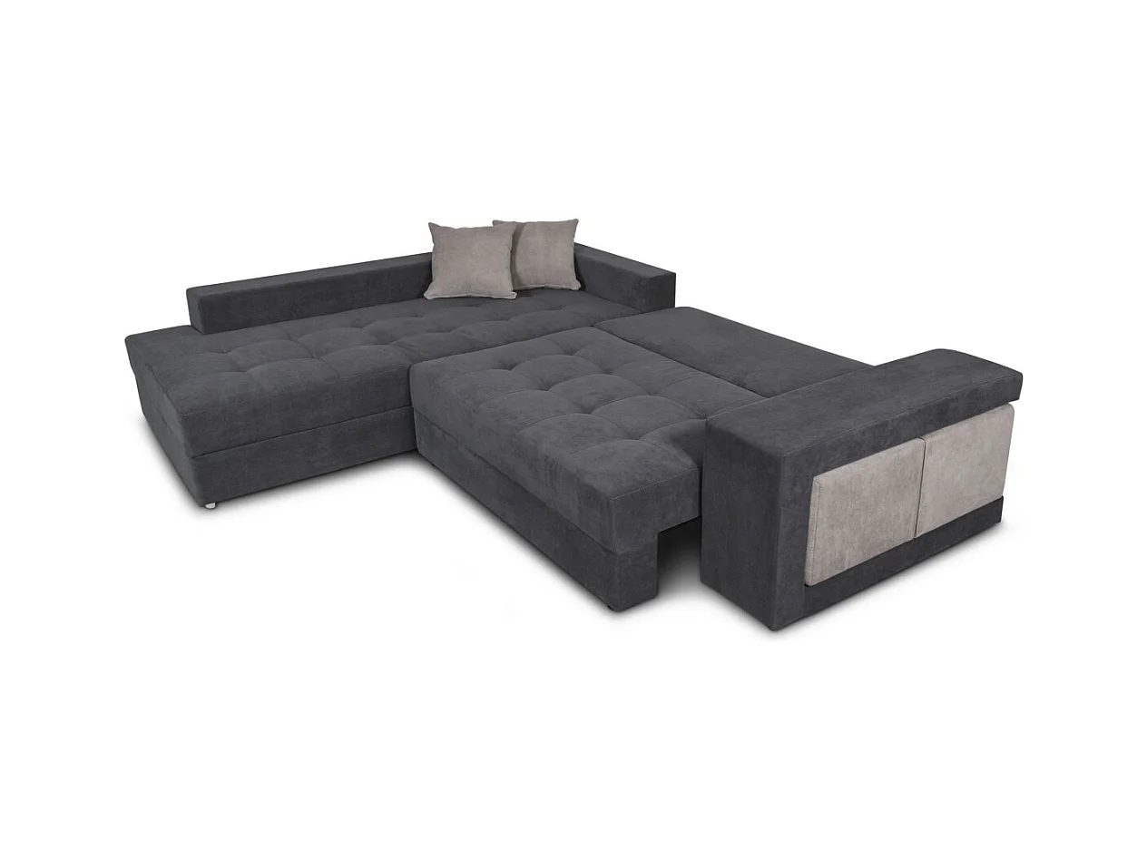 Canapé d'angle gauche Tamia convertible avec coffre et 2 poufs en tissu - Gris/Gris anthracite - L288 x P224 x H87cm - Loungitude