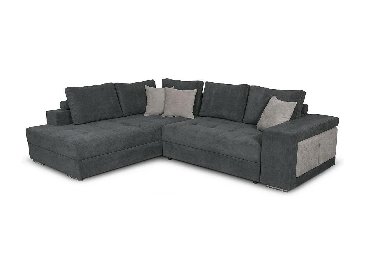 Canapé d'angle gauche Tamia convertible avec coffre et 2 poufs en tissu - Gris/Gris anthracite - L288 x P224 x H87cm - Loungitude
