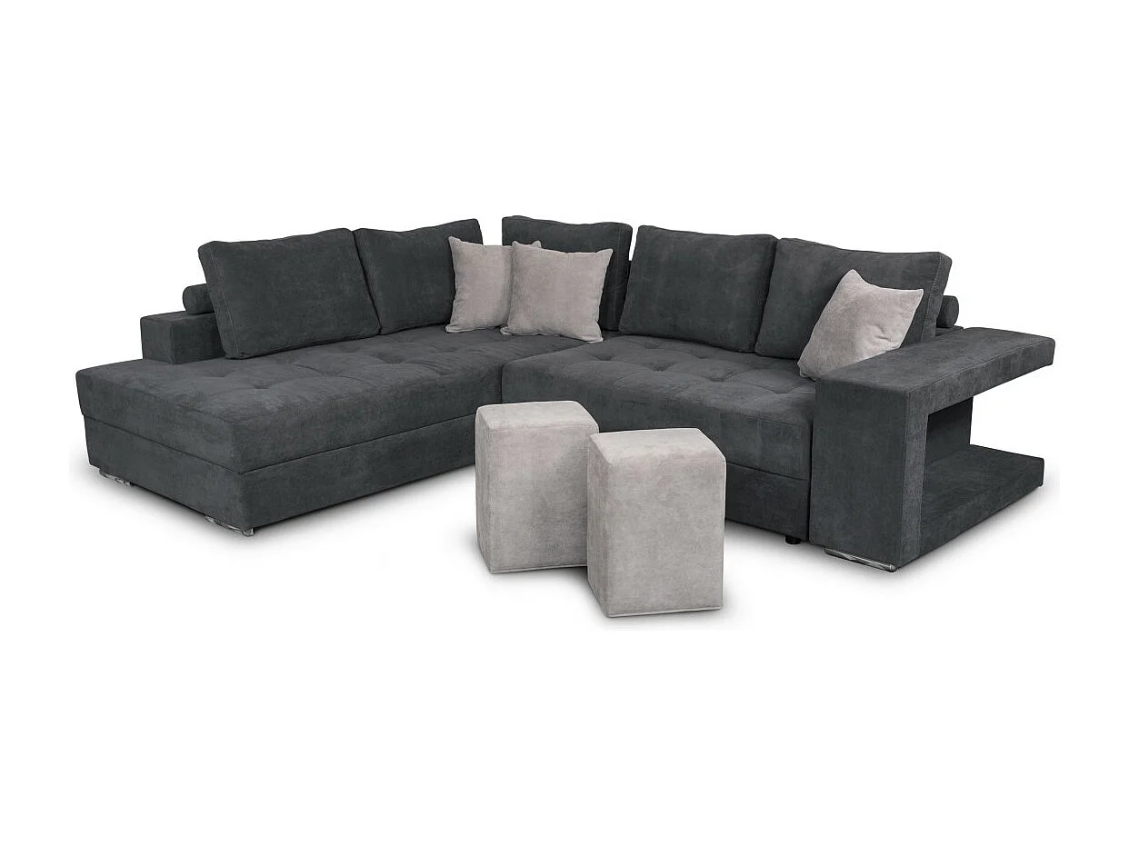 Canapé d'angle gauche Tamia convertible avec coffre et 2 poufs en tissu - Gris/Gris anthracite - L288 x P224 x H87cm - Loungitude