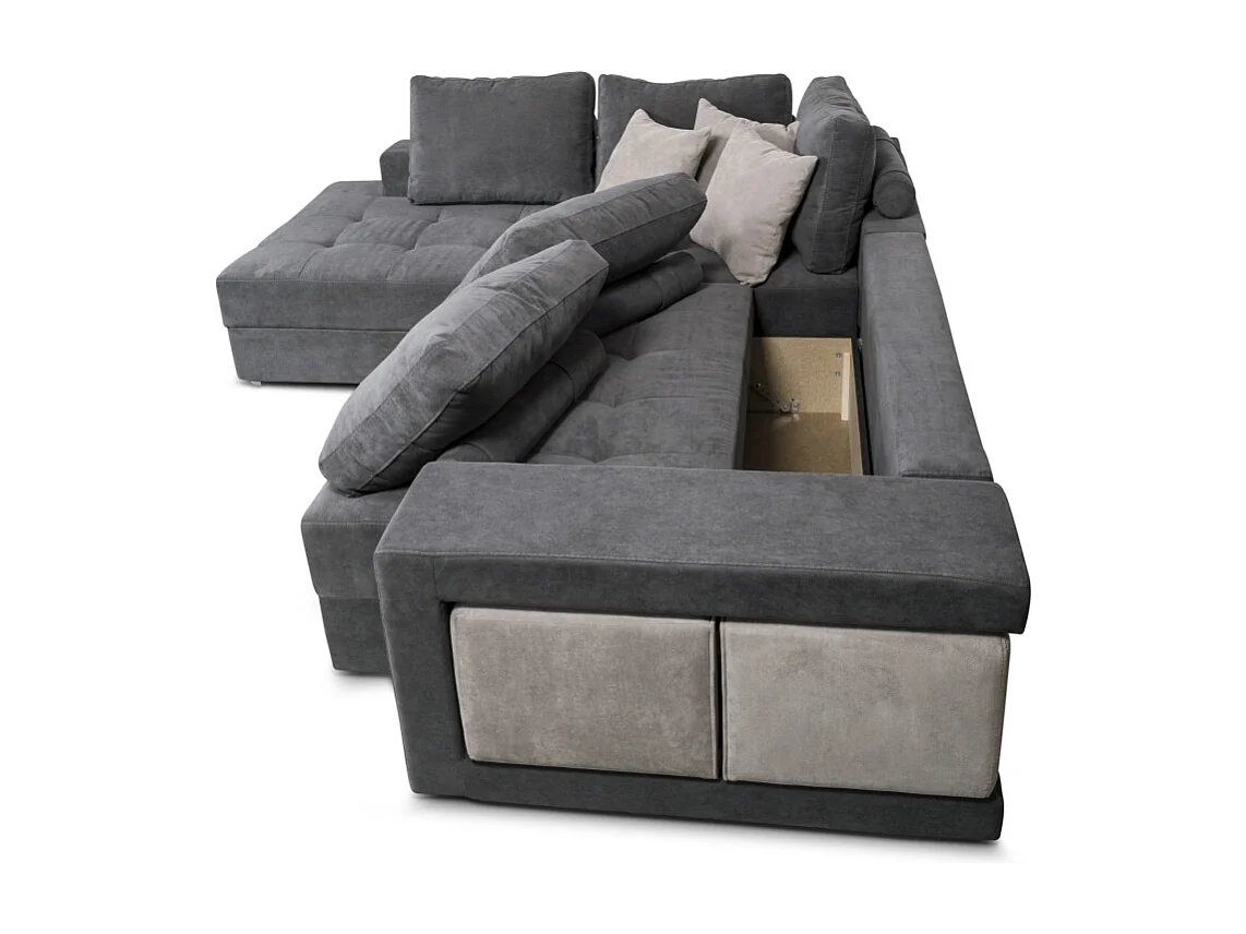 Canapé d'angle gauche Tamia convertible avec coffre et 2 poufs en tissu - Gris/Gris anthracite - L288 x P224 x H87cm - Loungitude