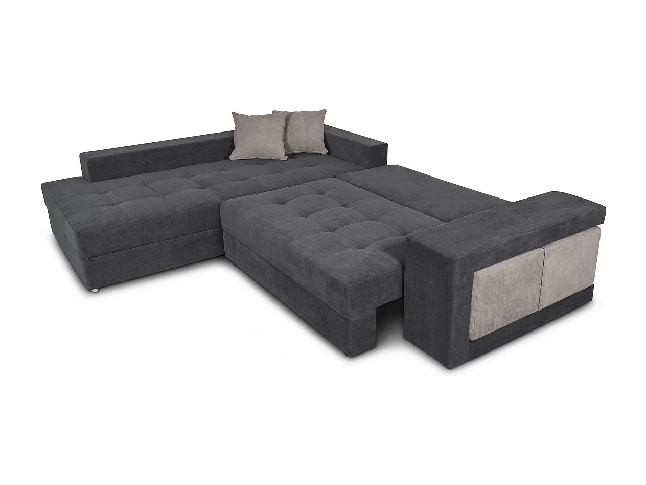 Canapé d'angle gauche Tamia convertible avec coffre et 2 poufs en tissu - Gris/Gris anthracite - L288 x P224 x H87cm - Loungitude