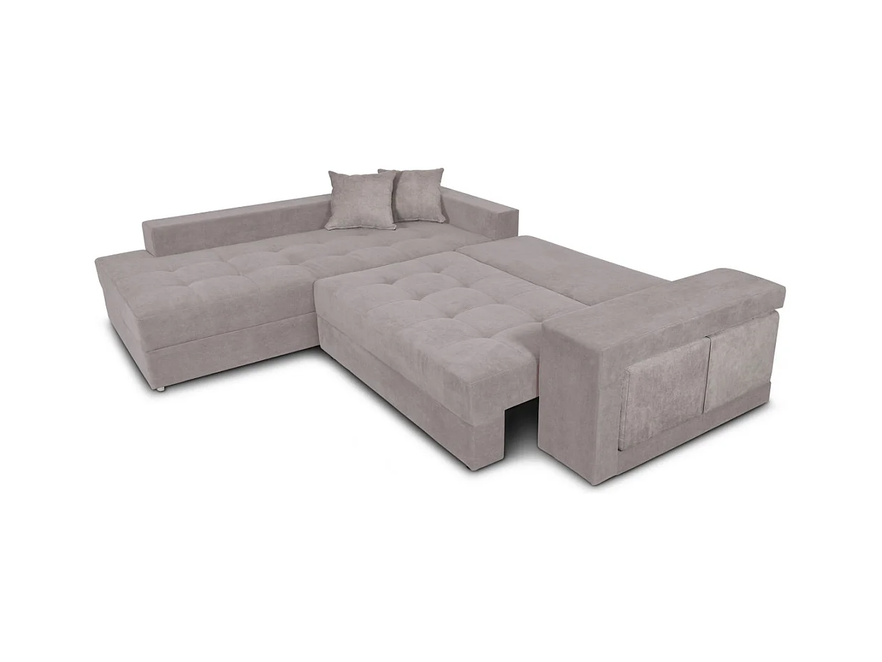 Canapé d'angle gauche Tamia convertible avec coffre et 2 poufs en tissu - Gris clair - L288 x P224 x H87cm - Loungitude