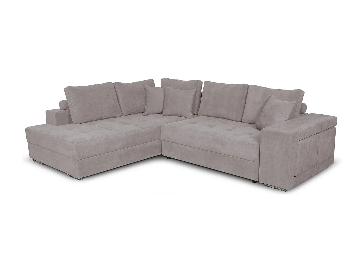 Canapé d'angle gauche Tamia convertible avec coffre et 2 poufs en tissu - Gris clair - L288 x P224 x H87cm - Loungitude