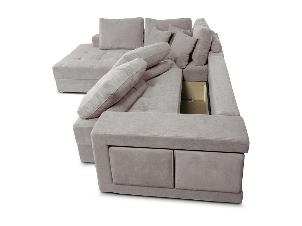 Canapé d'angle gauche Tamia convertible avec coffre et 2 poufs en tissu - Gris clair - L288 x P224 x H87cm - Loungitude
