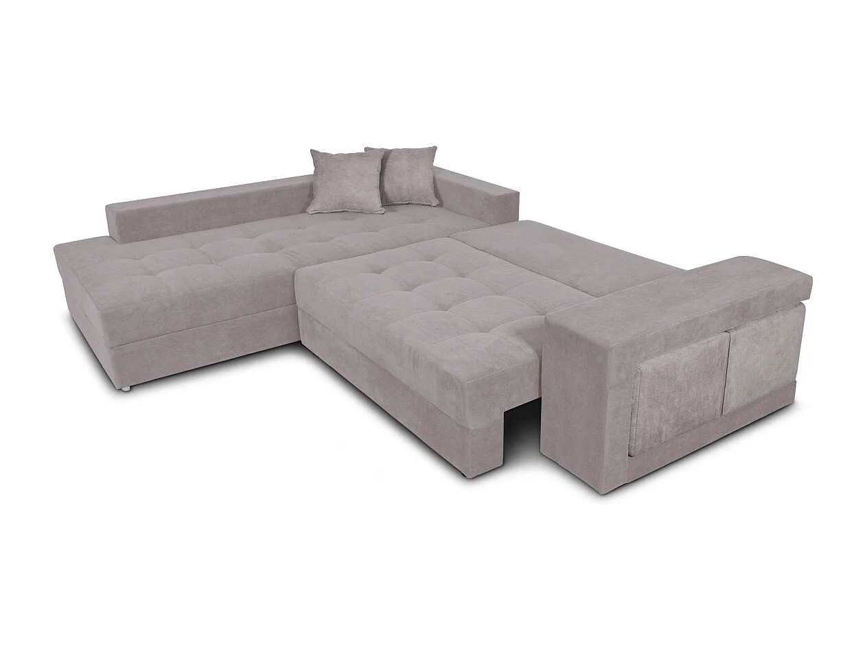 Canapé d'angle gauche Tamia convertible avec coffre et 2 poufs en tissu - Gris clair - L288 x P224 x H87cm - Loungitude