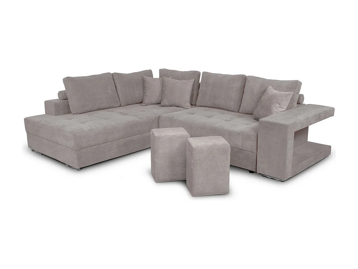 Canapé d'angle gauche Tamia convertible avec coffre et 2 poufs en tissu - Gris clair - L288 x P224 x H87cm - Loungitude