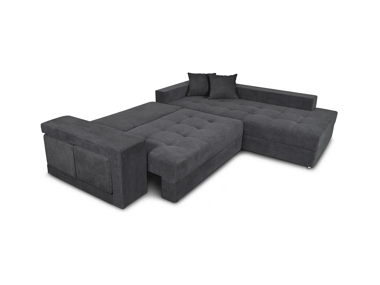 Canapé d'angle droit Tamia convertible avec coffre et 2 poufs en tissu - Gris anthracite - L288 x P224 x H87cm - Loungitude