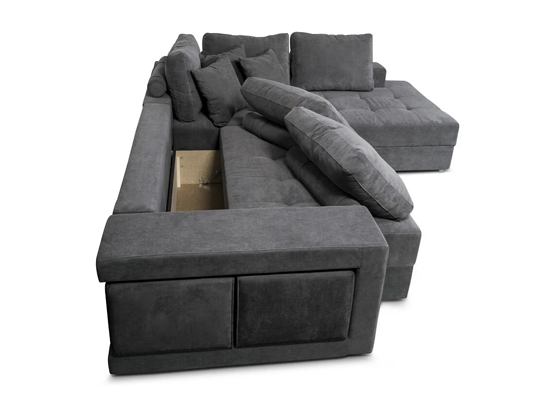 Canapé d'angle droit Tamia convertible avec coffre et 2 poufs en tissu - Gris anthracite - L288 x P224 x H87cm - Loungitude