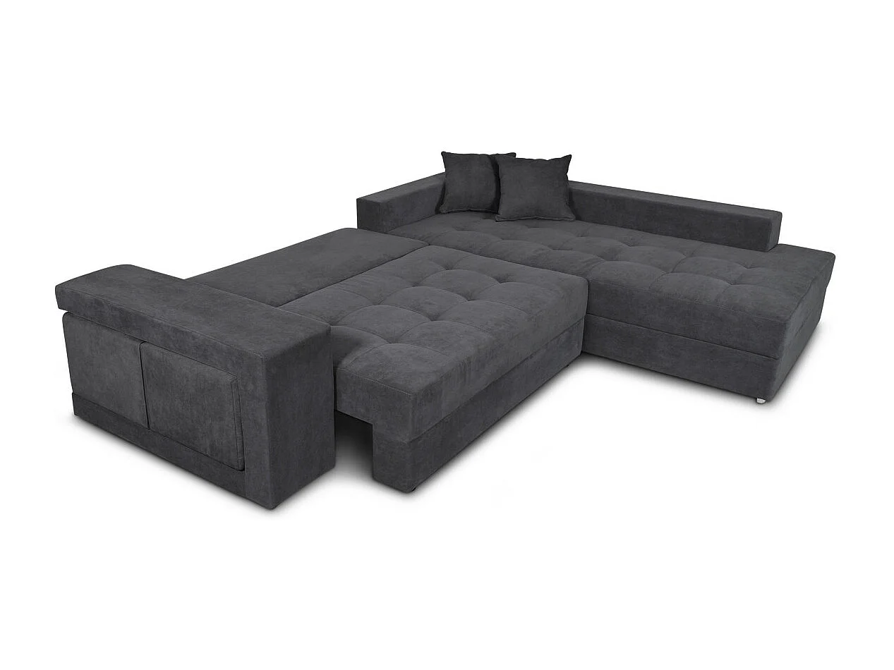 Canapé d'angle droit Tamia convertible avec coffre et 2 poufs en tissu - Gris anthracite - L288 x P224 x H87cm - Loungitude