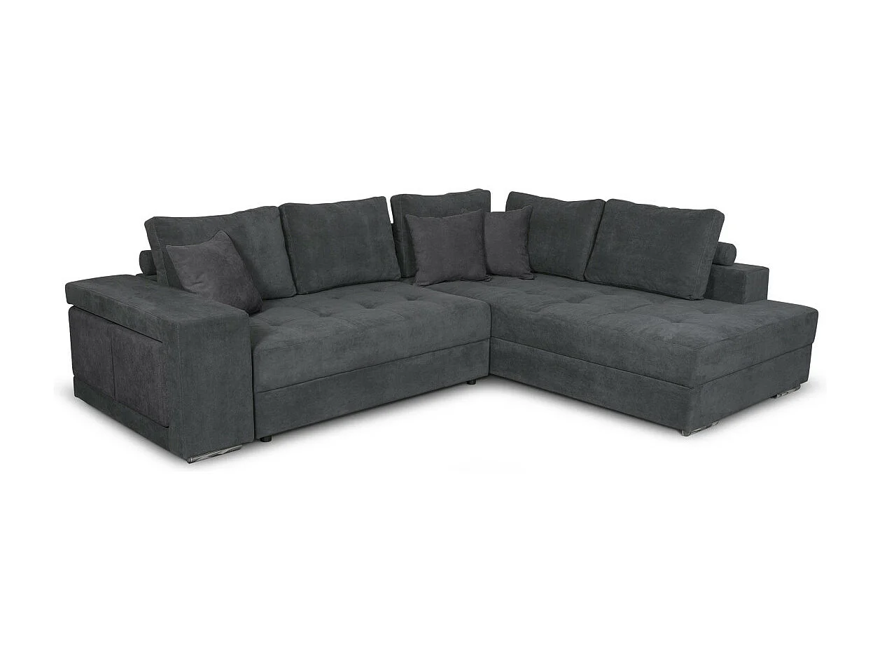 Canapé d'angle droit Tamia convertible avec coffre et 2 poufs en tissu - Gris anthracite - L288 x P224 x H87cm - Loungitude