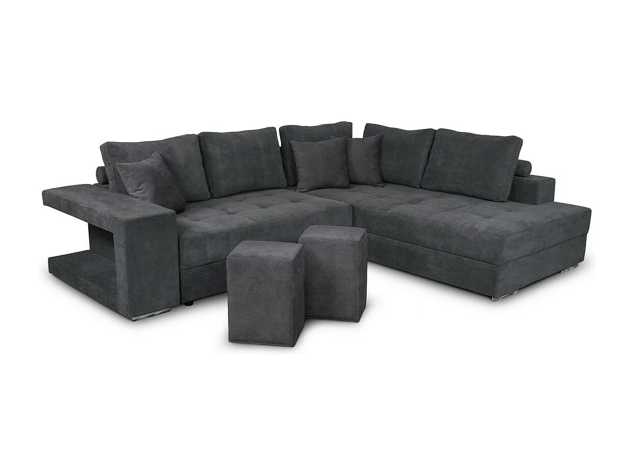 Canapé d'angle droit Tamia convertible avec coffre et 2 poufs en tissu - Gris anthracite - L288 x P224 x H87cm - Loungitude