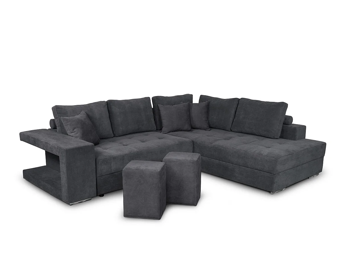 Canapé d'angle convertible 4 places avec pouf en tissu gris anthracite