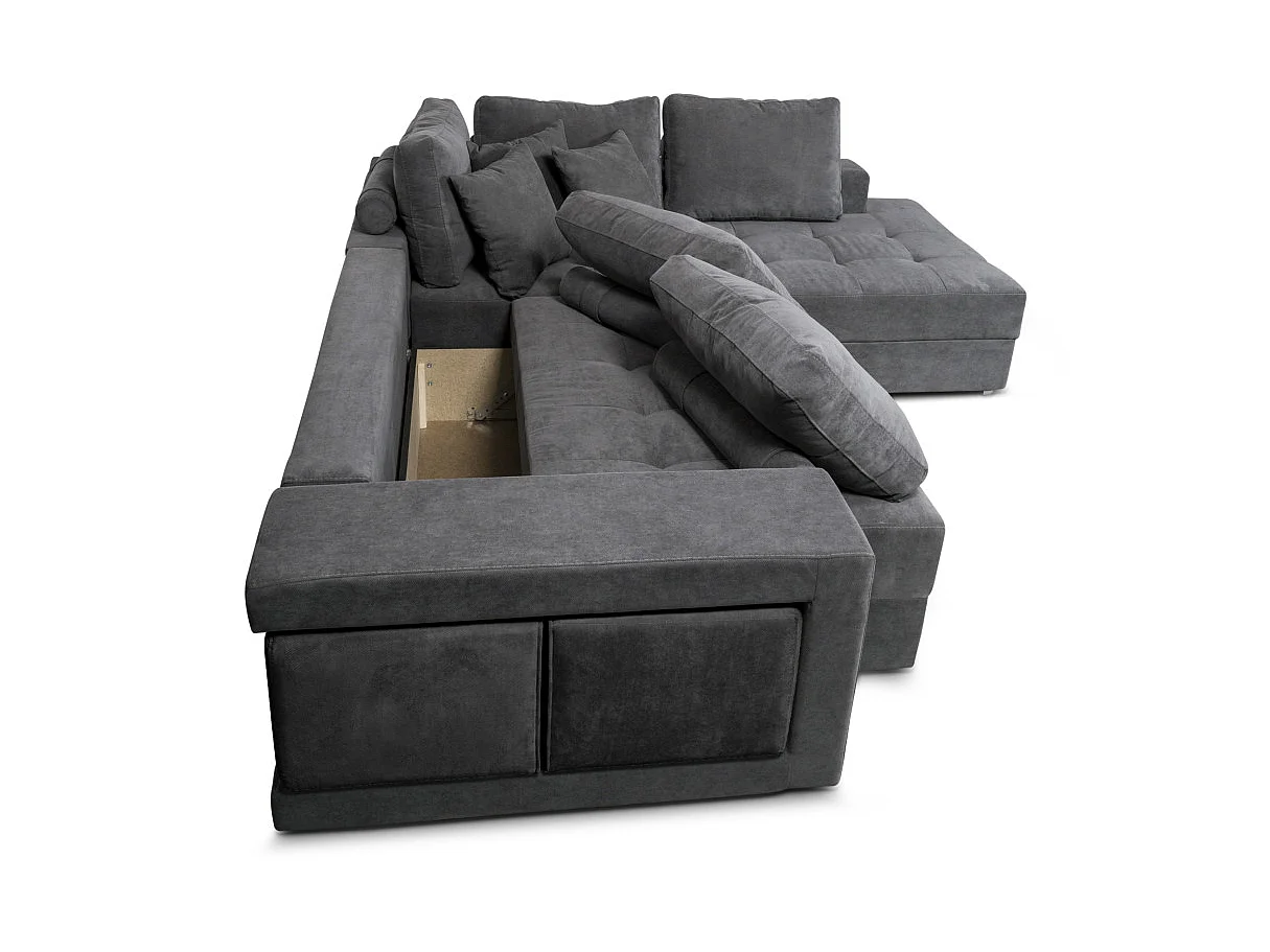 Canapé d'angle convertible 4 places avec pouf en tissu gris anthracite