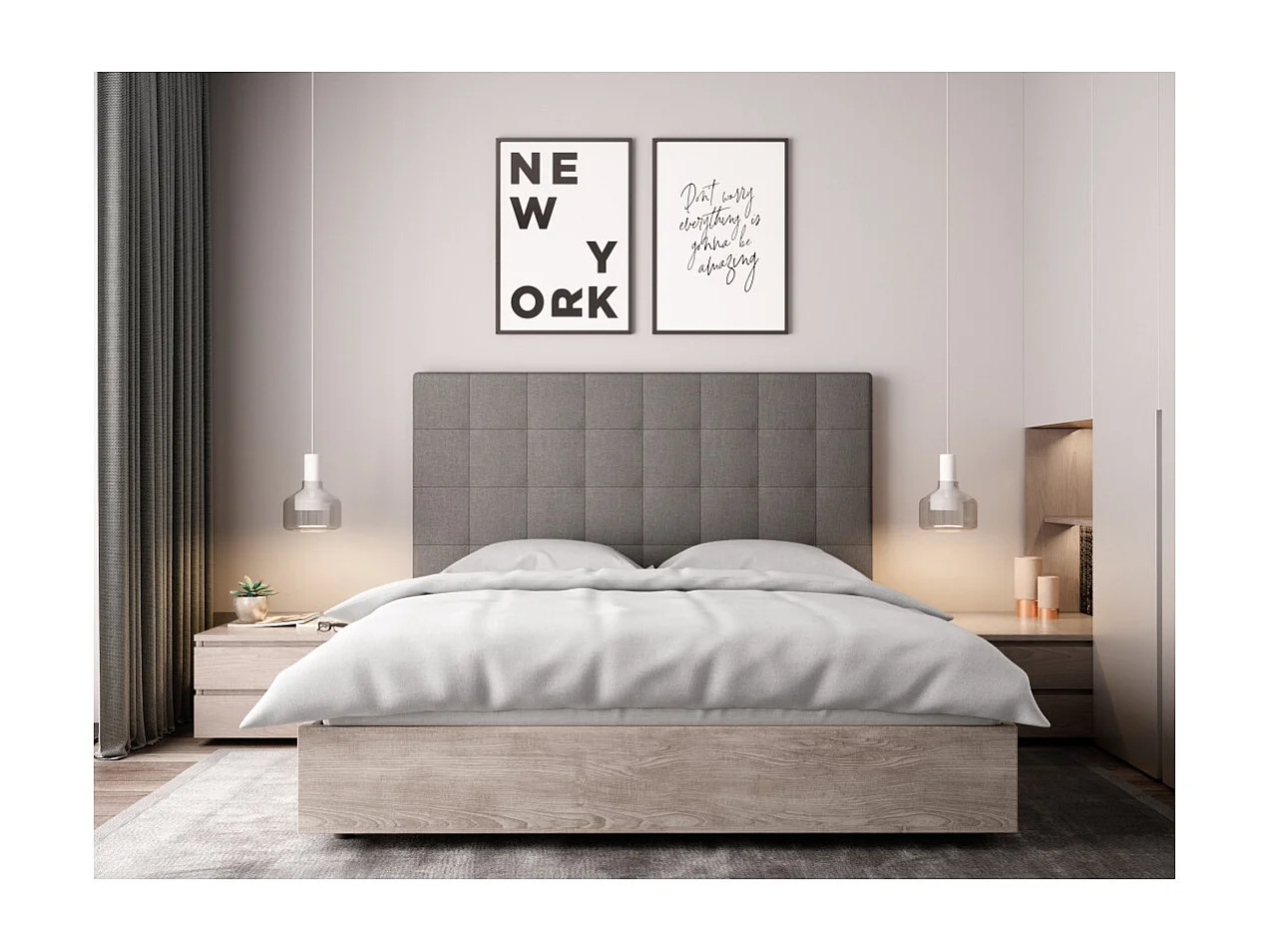 Tête de lit capitonnée en tissu MEGAN - Gris, Largeur - 140 cm