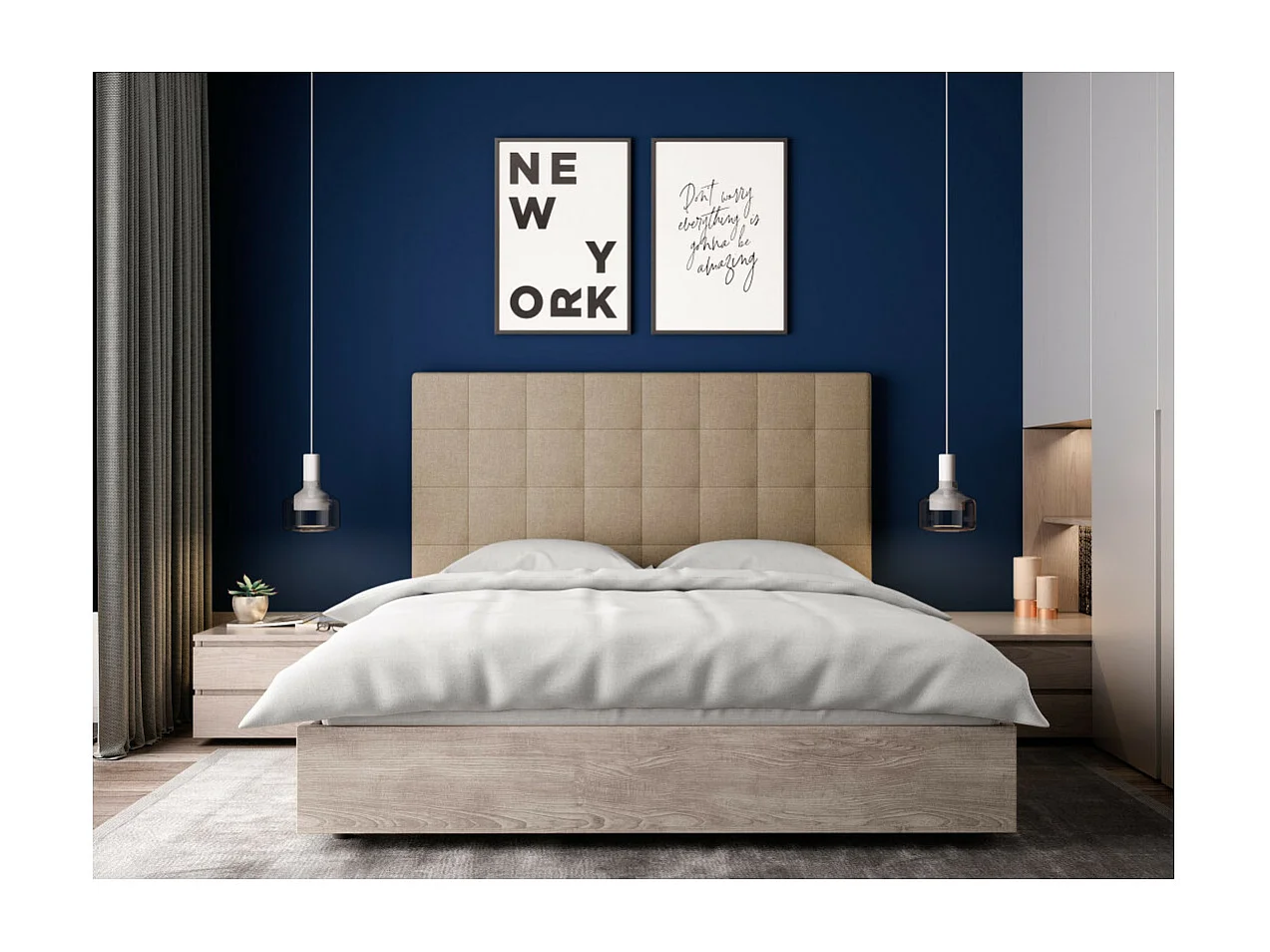 Tête de lit capitonnée en tissu MEGAN - Beige, Largeur - 140 cm