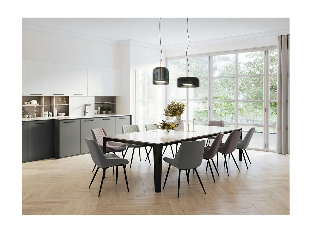 Lot de 2 chaises MARY à rayures en tissu et pieds métal noir - Beige